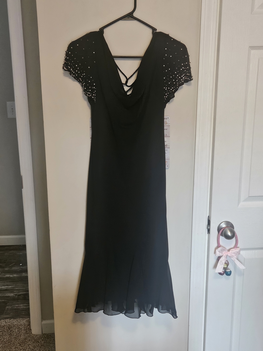 Black Embellished Short-Sleeve Evening Dress
